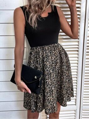 like new! ribbed black + brown speckled sleeveless tank dress